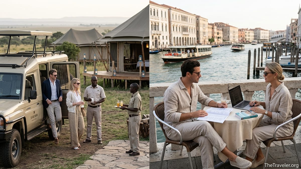 Luxury travelers comparing guided safari and self-planned Venice trip at sunset.