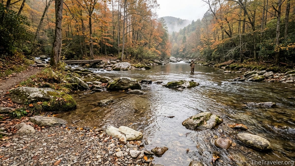 Quiet section of Abrams Creek with a lone fly angler and forested hills in soft autumn light.