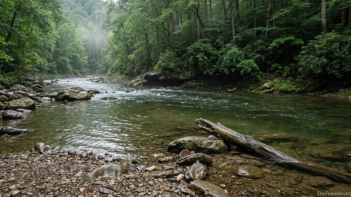 Calm but fast-moving Abrams Creek flowing past rocks and forest in Great Smoky Mountains.