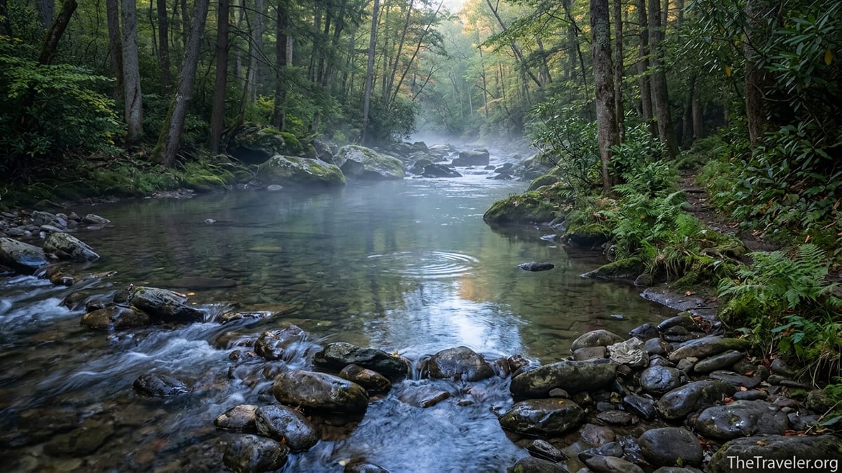 Dawn light over the clear, curving waters of Abrams Creek surrounded by lush forest in Great Smoky Mountains National Park.
