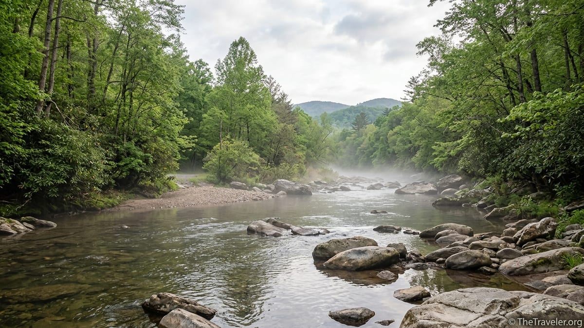 Quiet morning view of Abrams Creek flowing through forested hills near Cades Cove