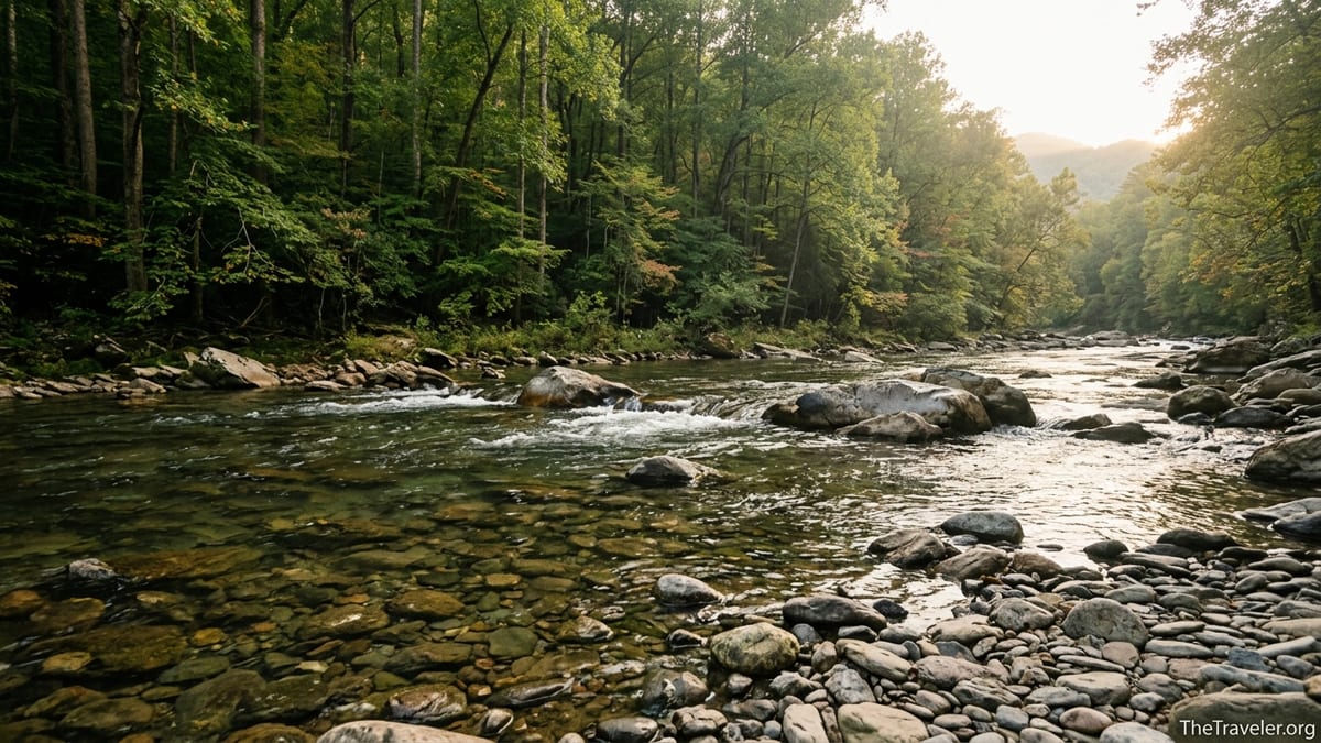 Quiet stretch of Abrams Creek flowing past forested banks in Great Smoky Mountains National Park.