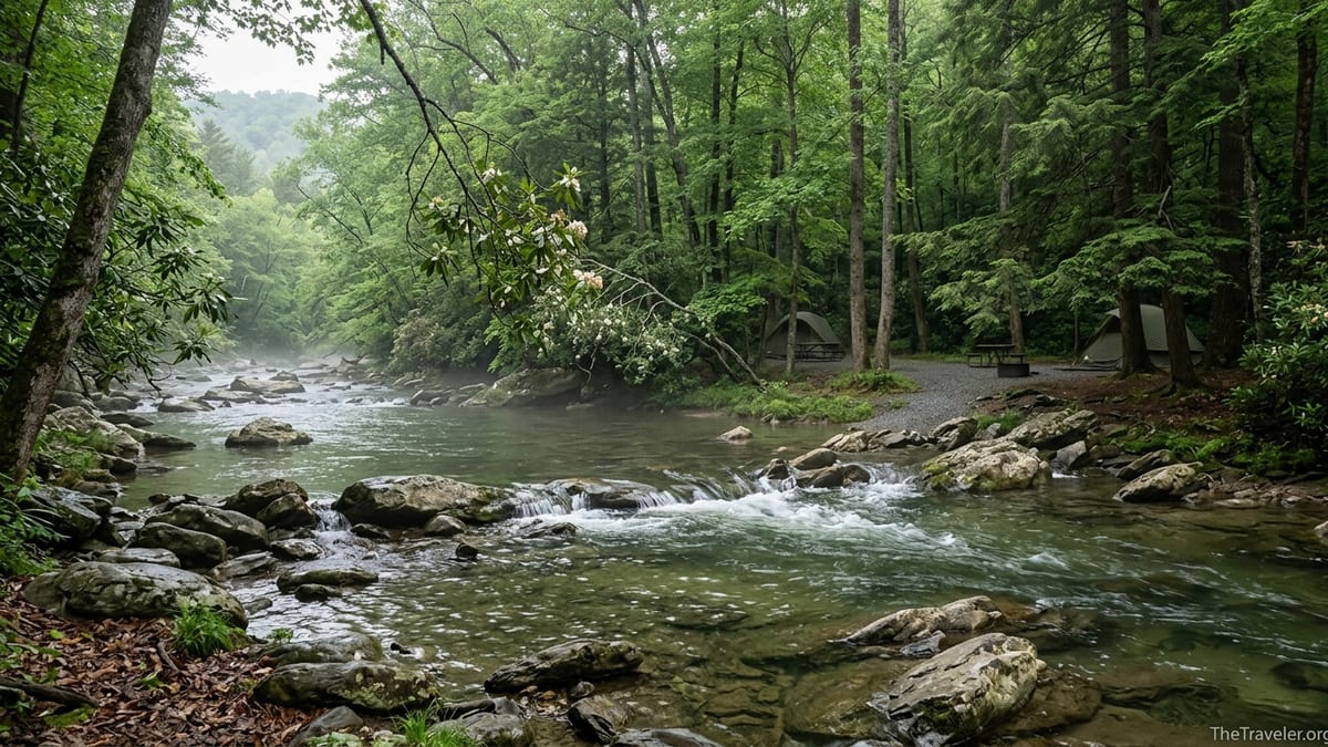 Quiet morning along Abrams Creek with forested banks and empty campsites in the Smokies.
