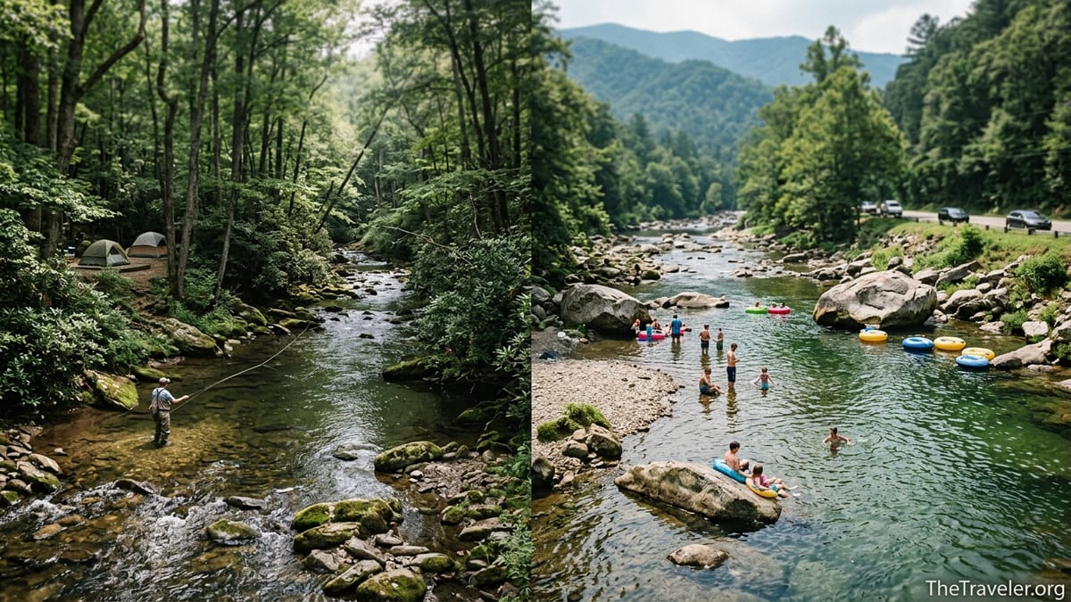 Families tubing on the Little River while an angler fishes a quiet Smokies creek nearby.