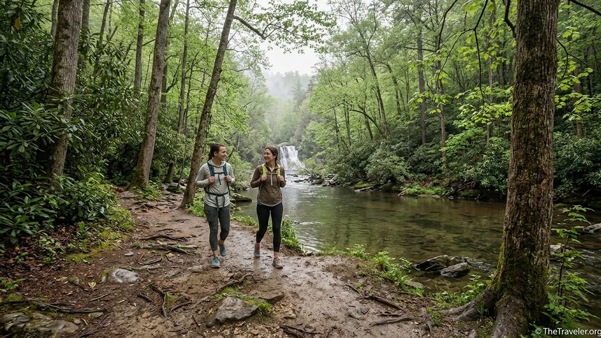 Beginner hikers walking along Abrams Falls Trail beside a forested creek in Great Smoky Mountains National Park.