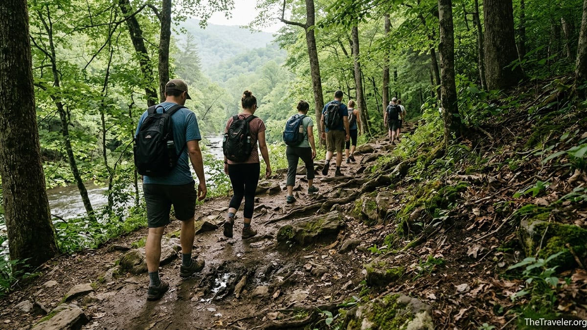 Hikers navigating a rocky, root-filled section of Abrams Falls Trail in the Smoky Mountains.