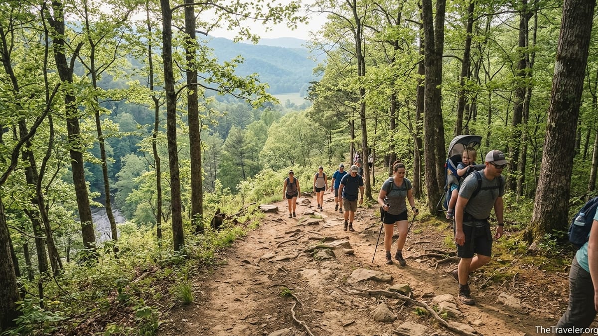 Hikers climbing uphill through lush forest on the Abrams Falls Trail in Great Smoky Mountains.