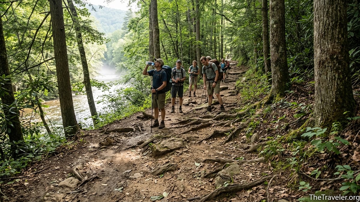 Hikers on Abrams Falls Trail walking a narrow, rocky path along a forested creek in the Smokies.