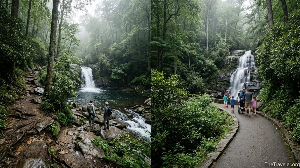 Forest trails to Abrams Falls and Laurel Falls with hikers approaching Smoky Mountains waterfalls.