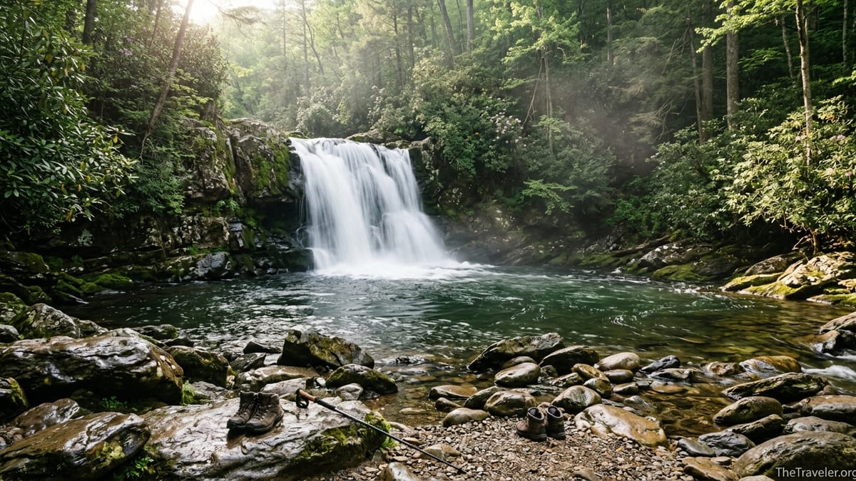 Abrams Falls pouring into a deep green pool with slick rocks and swirling water in Great Smoky Mountains.