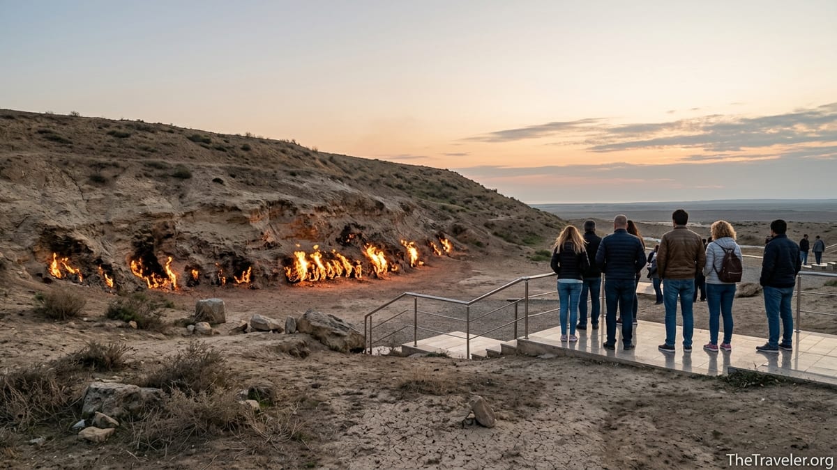 Travelers watching the natural gas flames of Yanar Dag at sunset on the Absheron Peninsula.