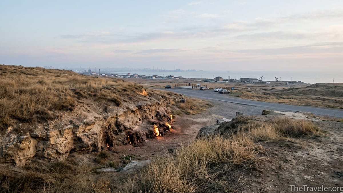 Yanar Dag flames on the Absheron Peninsula near Baku at sunrise overlooking the Caspian Sea.
