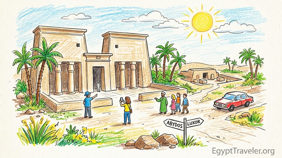 Entrance of the Temple of Seti I at Abydos with visitors walking toward its shadowed hypostyle hall.
