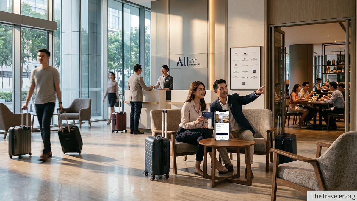 Traveller holding an Accor Plus card in a modern hotel lobby, comparing benefits on a phone.