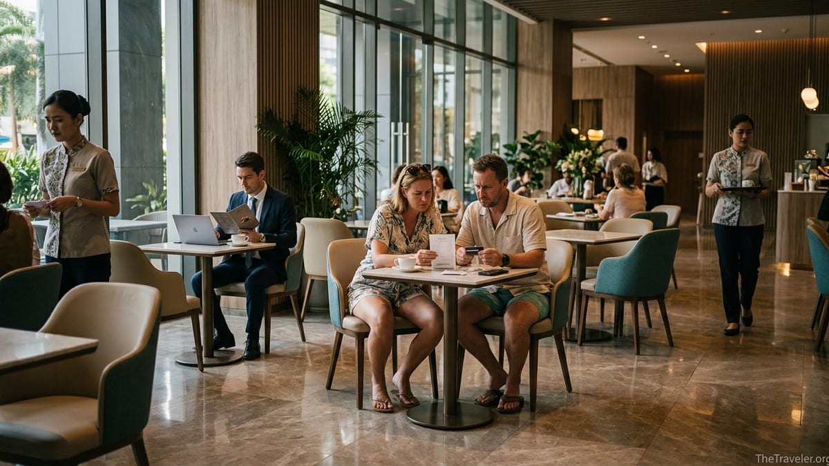 Travelers review a hotel bill with a loyalty card in a bright Asia Pacific hotel cafe.