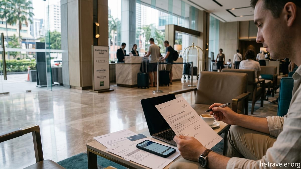 Traveller reviewing Accor Plus membership details in a bright hotel lobby.