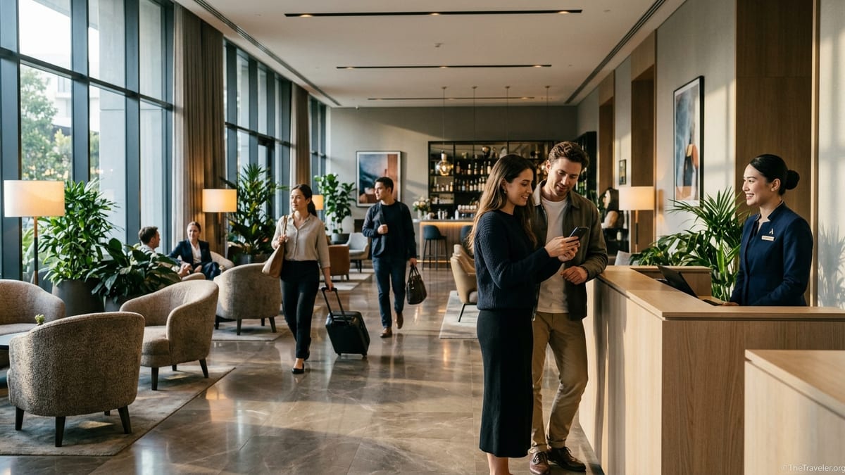 Travelers using an Accor Plus card at a modern Asia-Pacific hotel lobby reception desk.