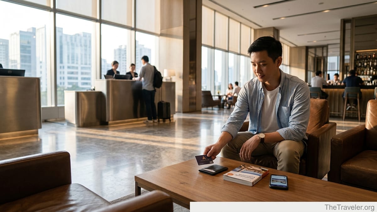 Traveler places an Accor Plus card on a hotel lobby table with reception and restaurant in view.