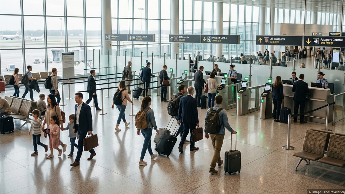 Busy international airport terminal with passengers moving smoothly through modern border control lanes.