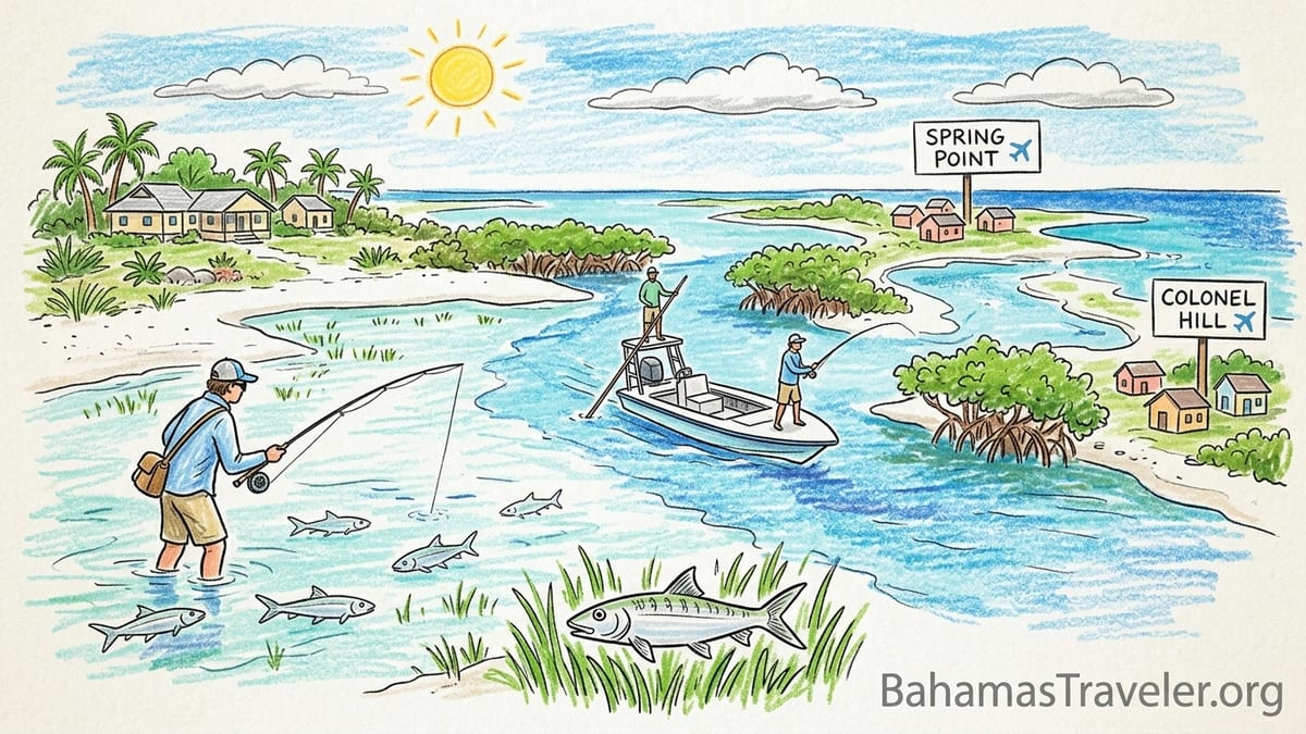 Anglers wading a shallow bonefish flat in front of a small beach lodge on Acklins Island, Bahamas.