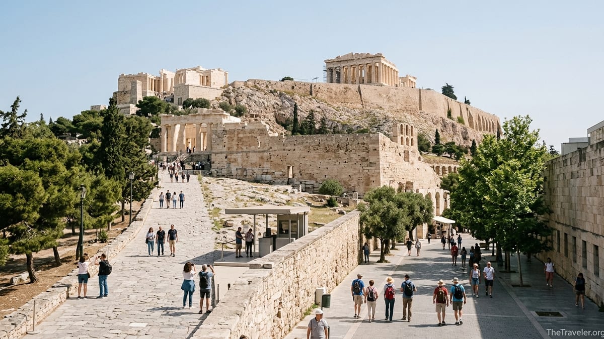 View of Acropolis hill with paths to main and side entrances and Parthenon above.
