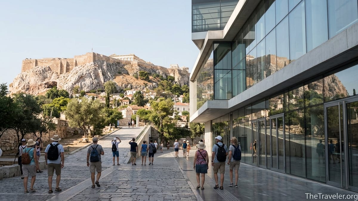 View of the Acropolis and Acropolis Museum with visitors walking between them in summer light.