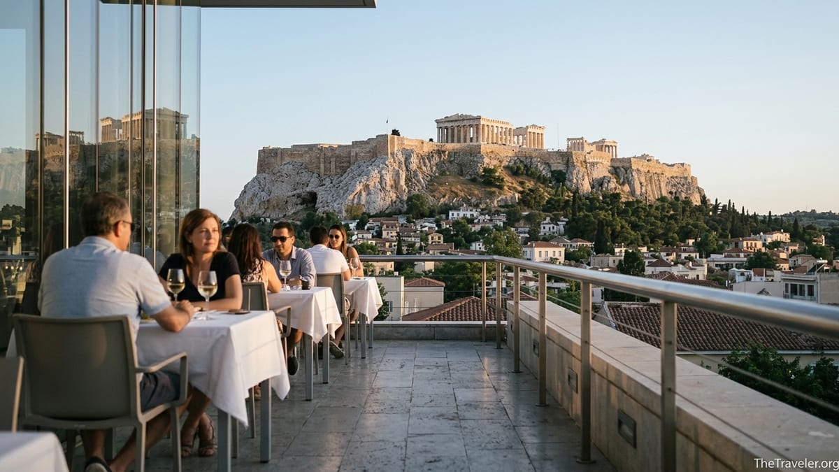 Diners on the Acropolis Museum terrace at sunset with the Parthenon in view.