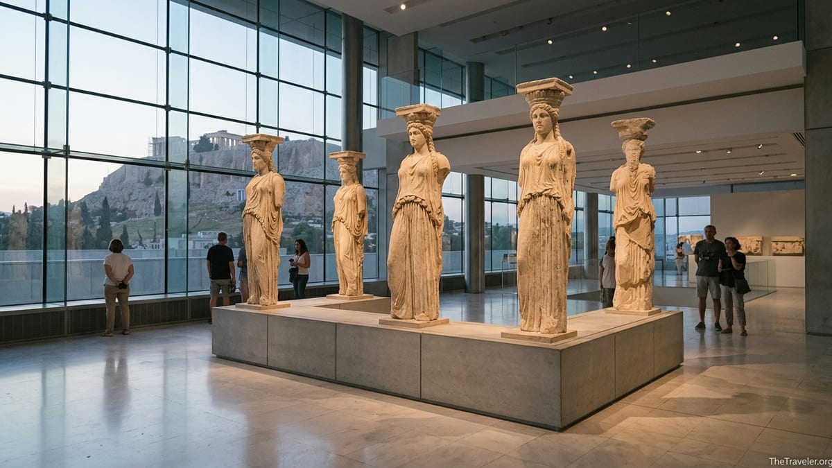 Five original Caryatid statues displayed on a platform inside the Acropolis Museum in Athens with visitors observing them.