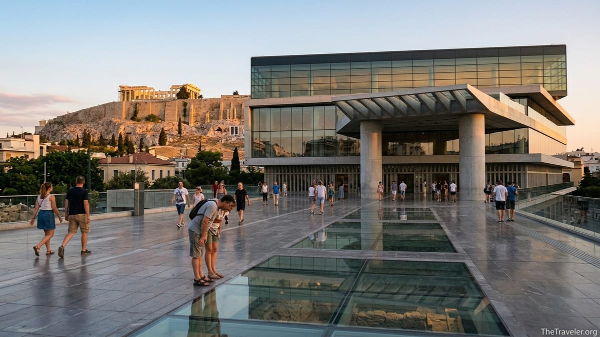 Acropolis Museum exterior at dusk with the Parthenon visible on the hill behind it.