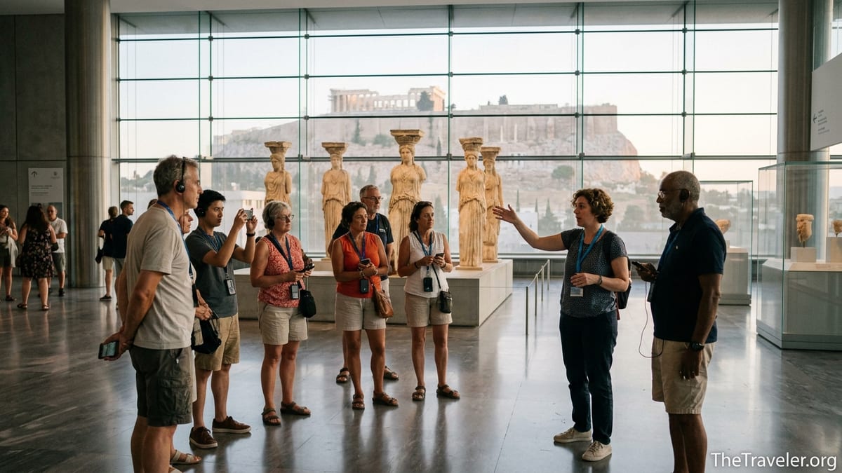 Visitors on a guided tour inside the Acropolis Museum near the Caryatids with the Acropolis visible outside.