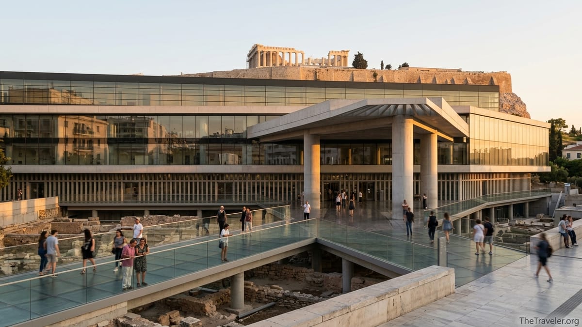Early evening view of the Acropolis Museum with visitors on glass walkways and the Acropolis hill behind.