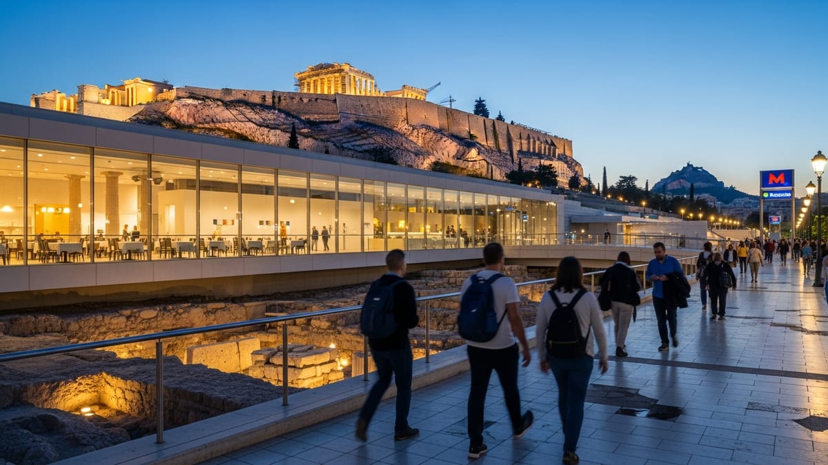 Blue hour view of Acropolis Museum and illuminated Parthenon in Athens. 