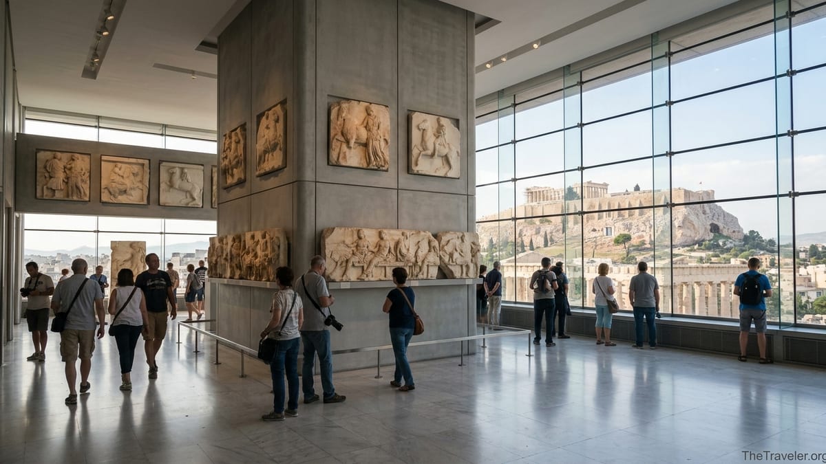 Visitors viewing the Parthenon sculptures inside the glass-walled Acropolis Museum with the Parthenon visible outside.