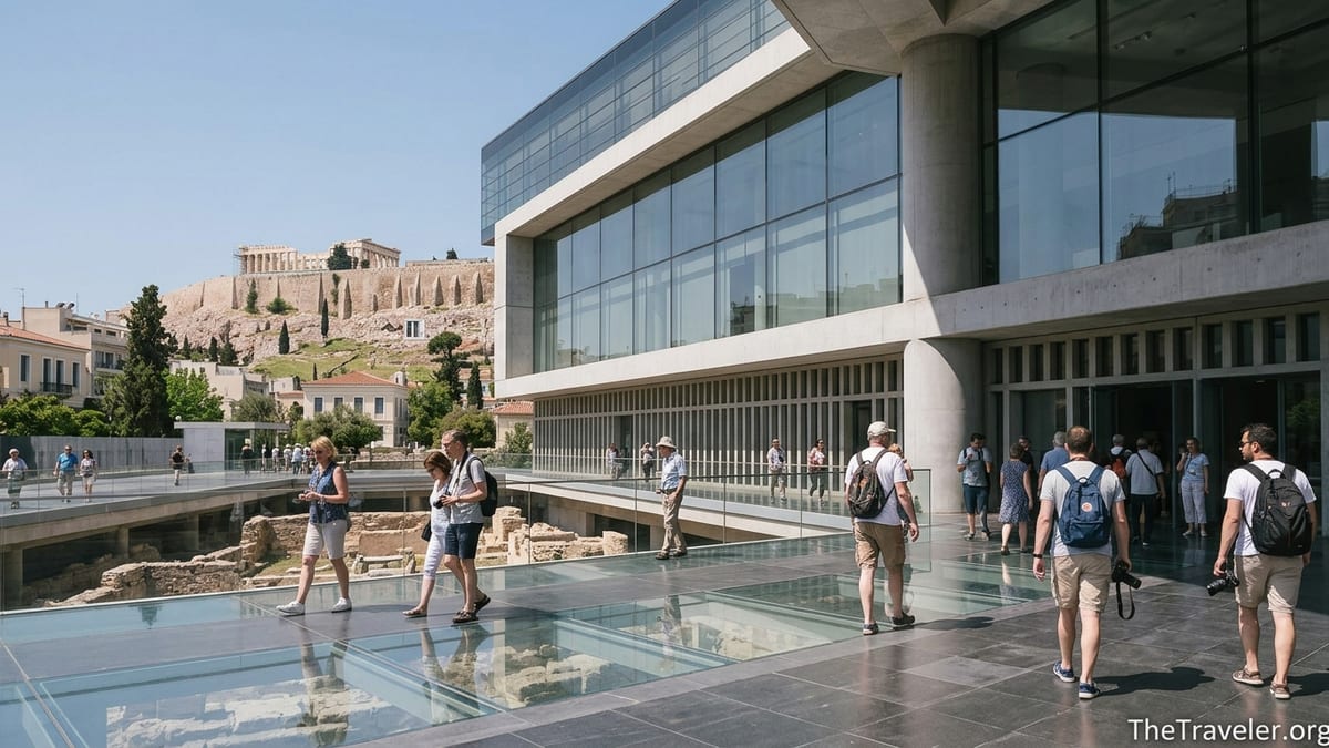 Visitors walking across the glass walkway into the Acropolis Museum with the Acropolis visible behind.