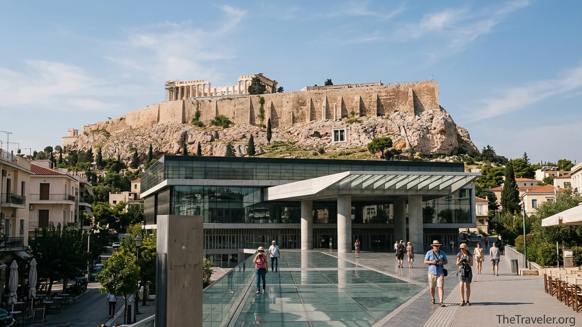 View of the Acropolis hill and Parthenon rising behind the modern glass Acropolis Museum in Athens.