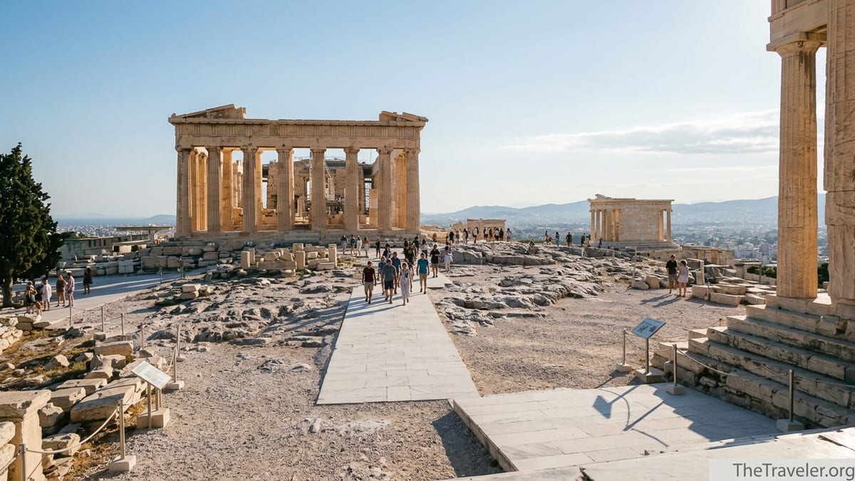 Visitors walking toward the Parthenon on the Acropolis in late-afternoon light.