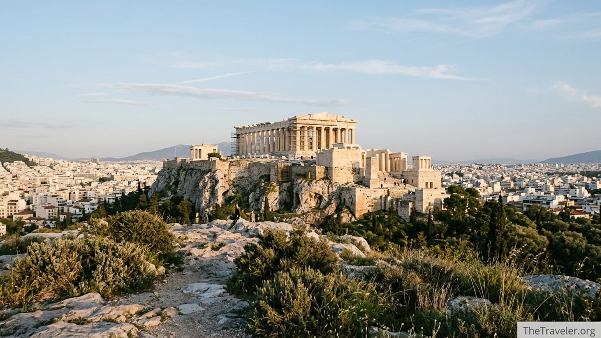 View of the Acropolis and Parthenon at golden hour from a nearby hill in Athens.