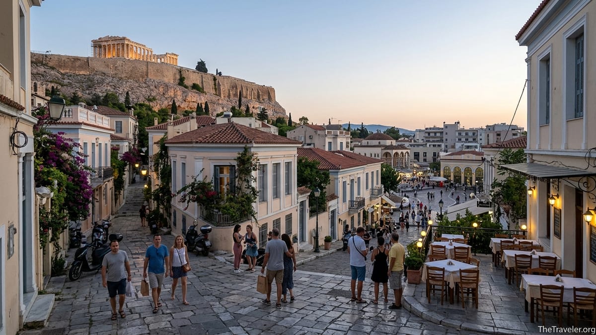 View from the Acropolis slope over Plaka’s lanes descending toward central Athens at blue hour.