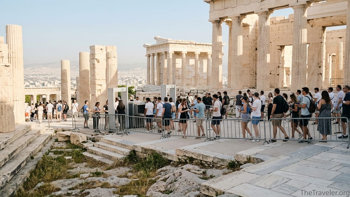 Visitors queuing at the Acropolis entrance below the Parthenon on a sunny morning in Athens.
