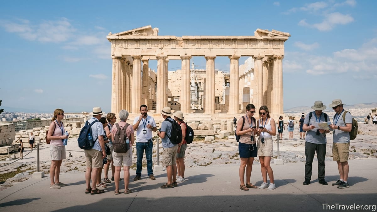 Visitors touring the Parthenon on the Acropolis, some with guides and others using phones and maps.