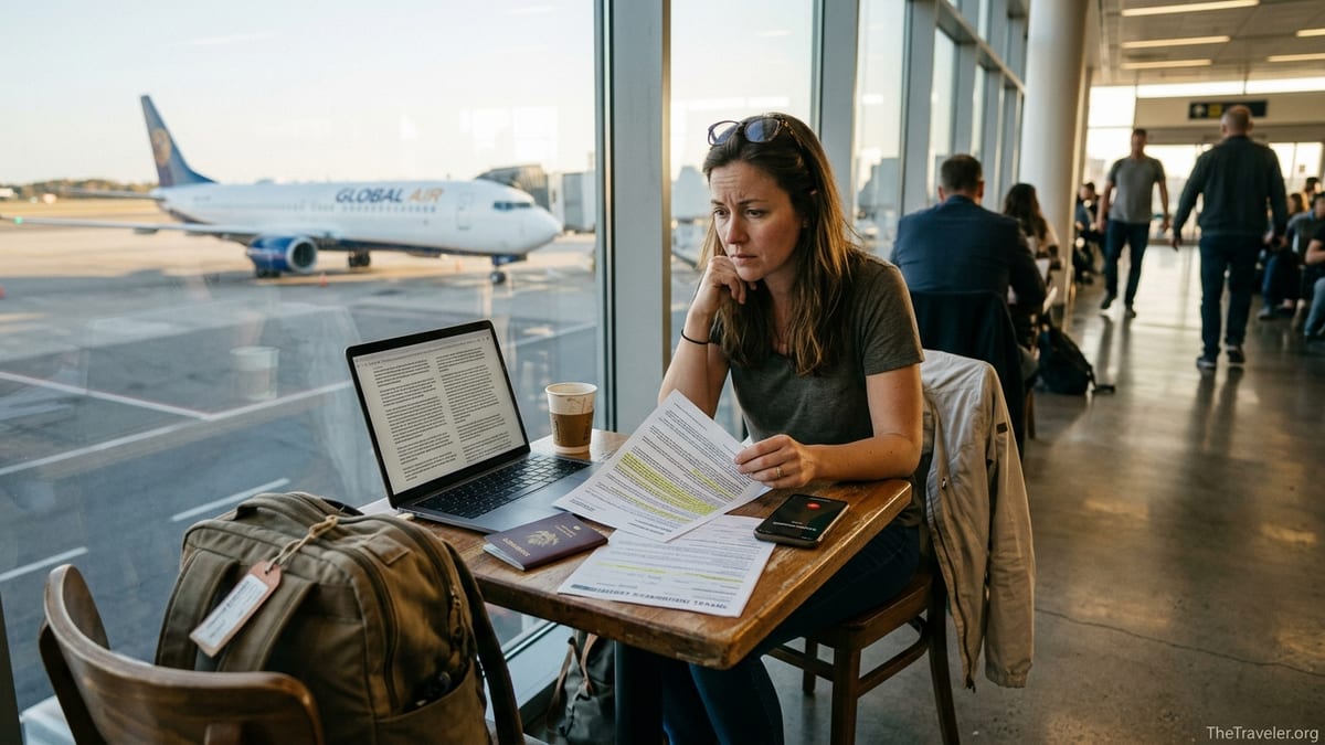 Traveler at an airport reviewing printed travel insurance documents beside a laptop.