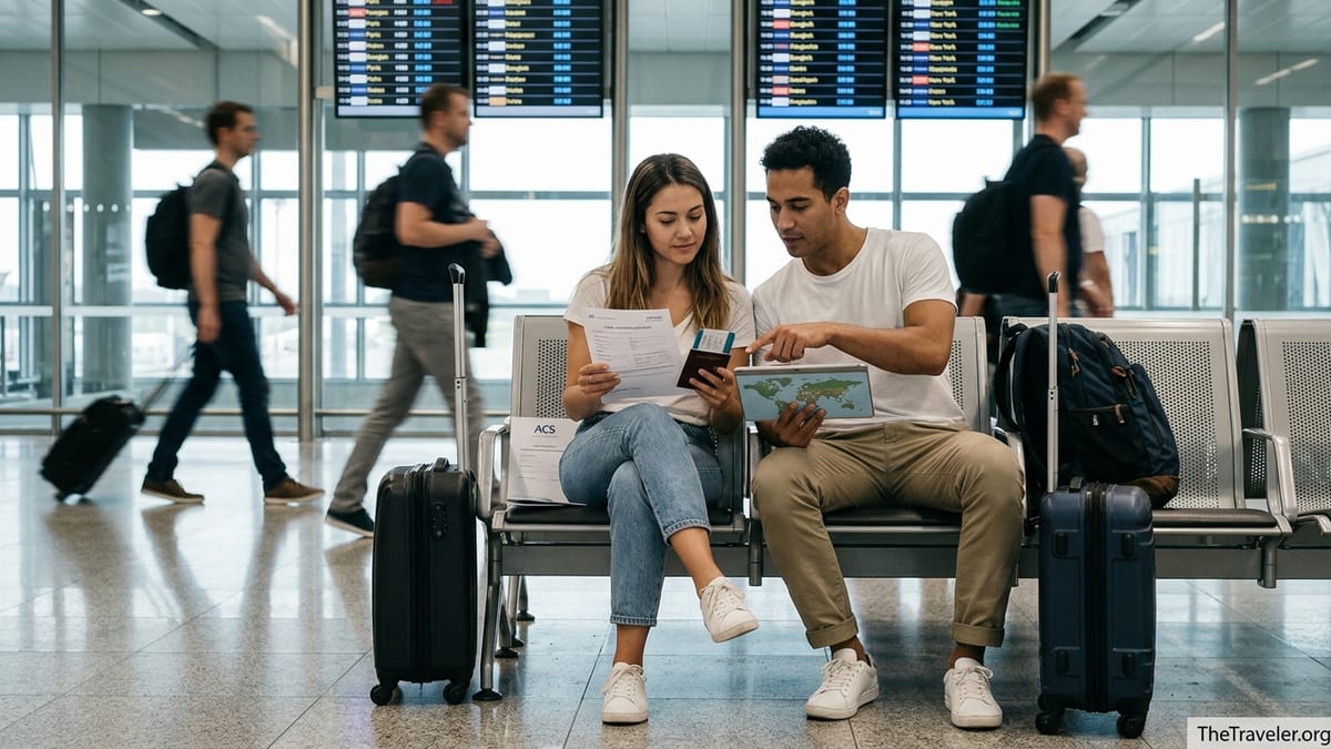 Travelers review their travel insurance documents in a busy airport departures hall.