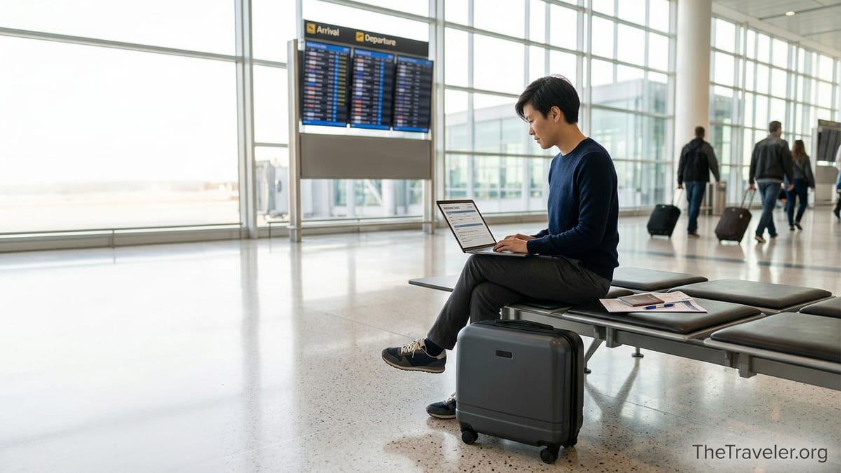 Traveler in airport lounge reviewing travel insurance on laptop beside suitcase.