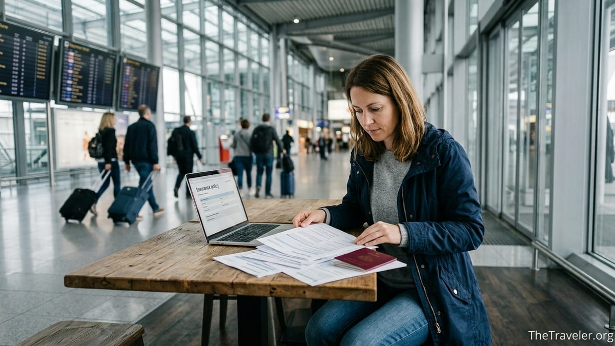 Traveler reviewing travel insurance documents at a bright modern airport terminal table