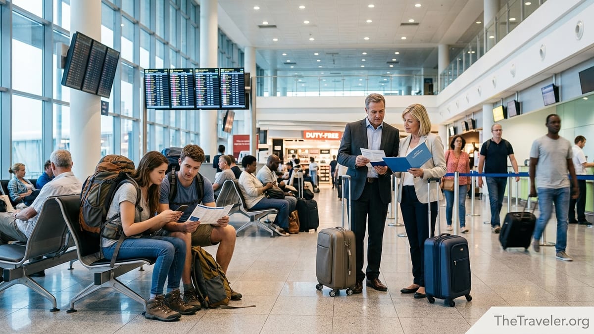 Travelers in an airport departure hall comparing documents and phones before an international trip.