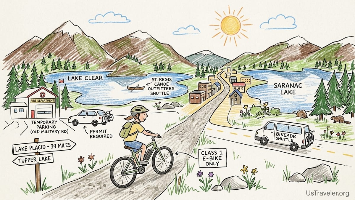 Cyclist on an e-bike riding the Adirondack Rail Trail on compacted stone dust near a pond in the Tri-Lakes.