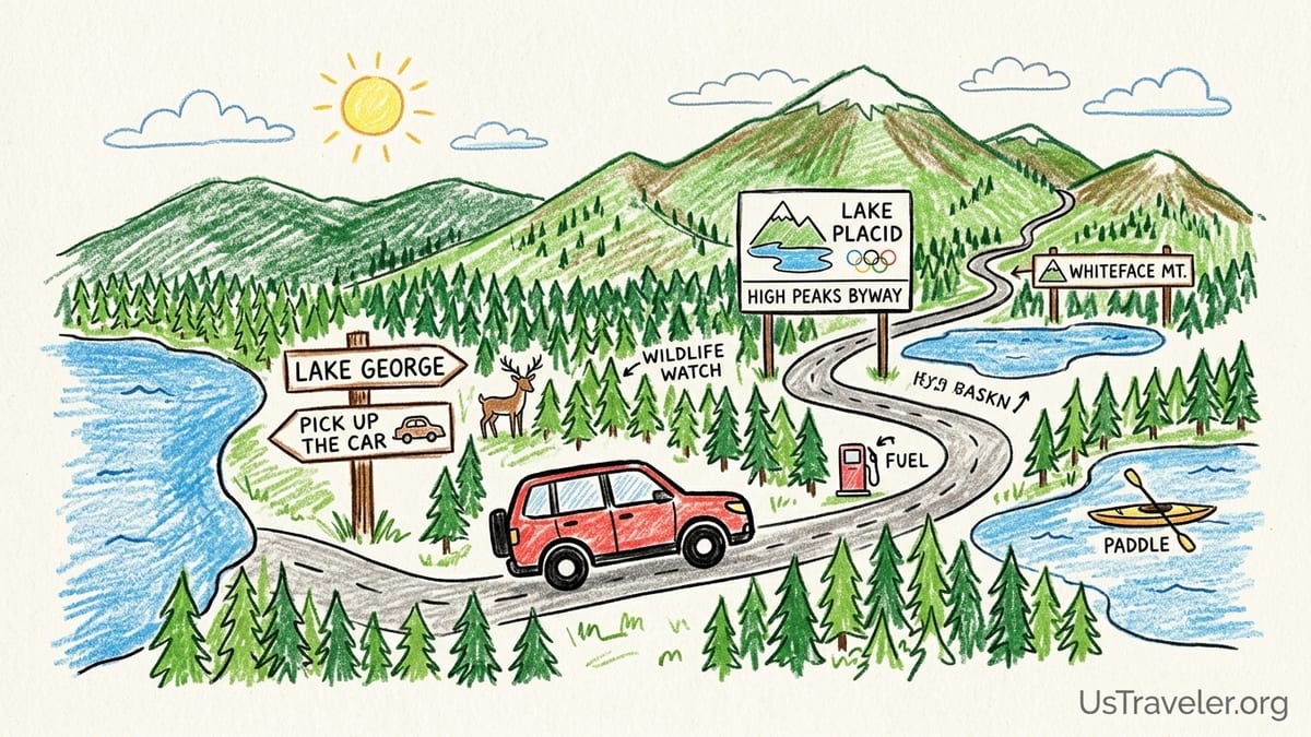 Rental SUV at an Adirondacks scenic pullout overlooking a lake and the High Peaks near Lake Placid.