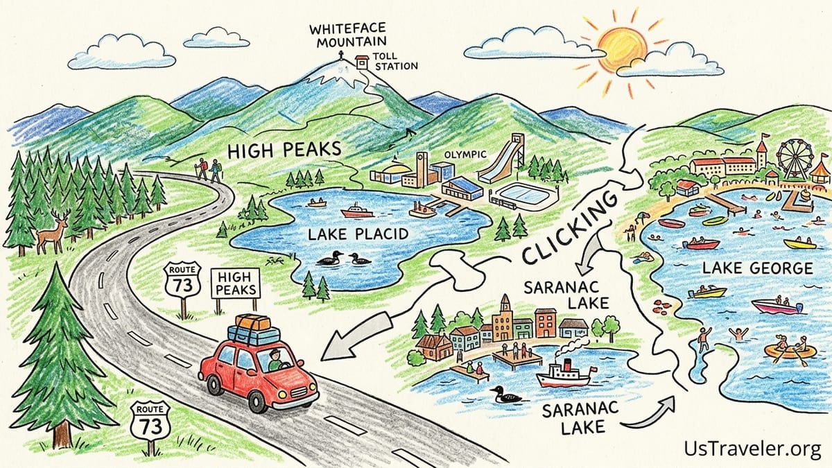Wide overlook of Adirondack mountains and a distant lake with a rental car at a roadside pull-off in early fall.