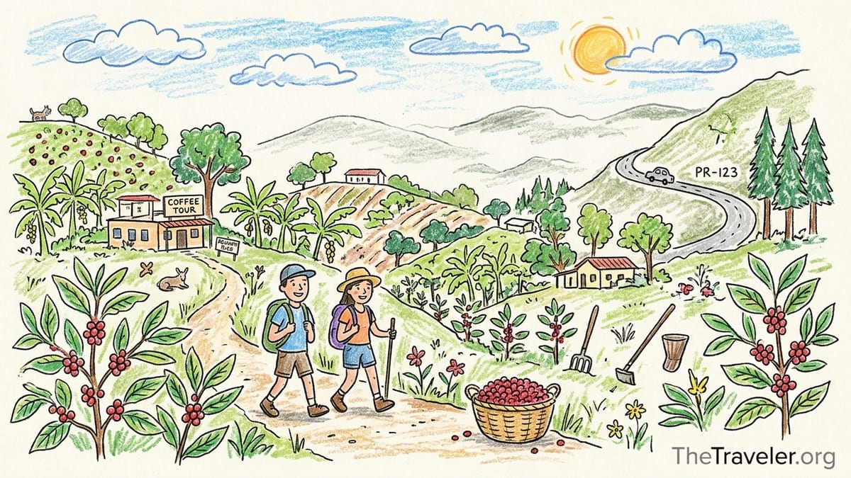 Coffee farm on green hills near Adjuntas Puerto Rico with hacienda and mountains
