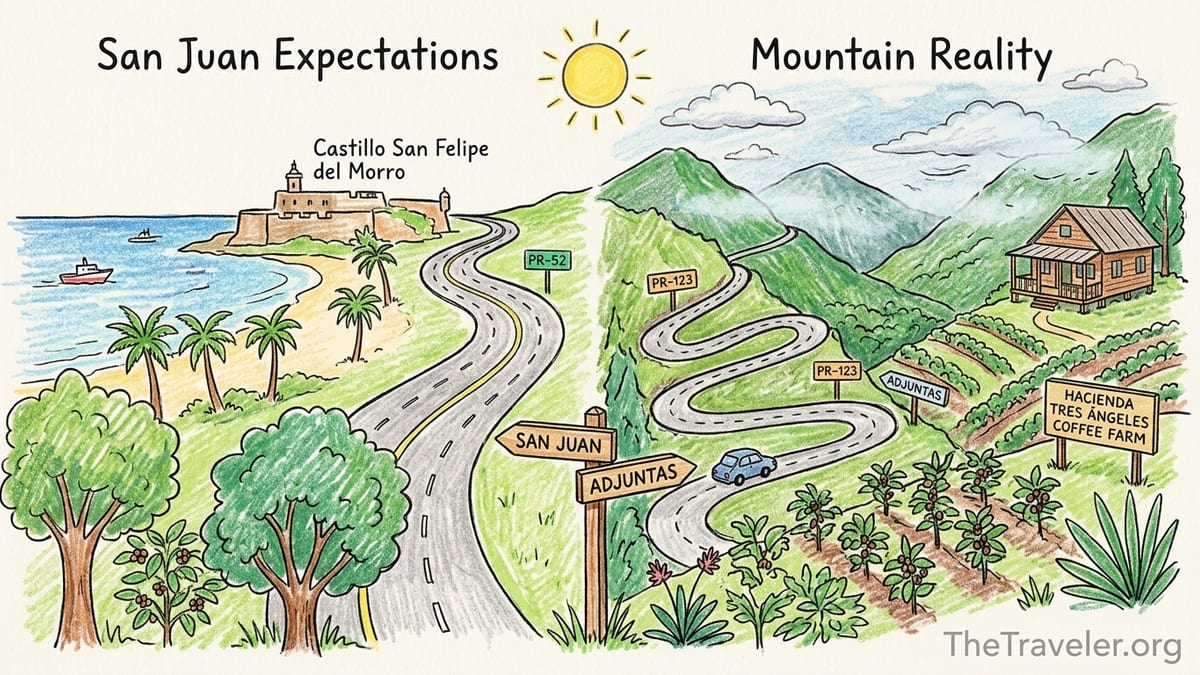 Mountain road near Adjuntas Puerto Rico with car and coffee-covered hills